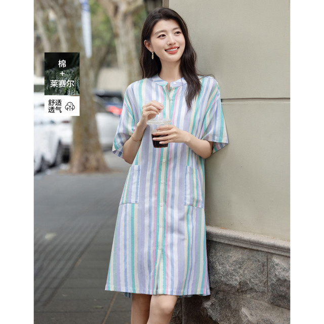12340529.【治愈班味】夏季小立领棉莱赛尔混纺短袖宽松腰中长款女式连衣裙