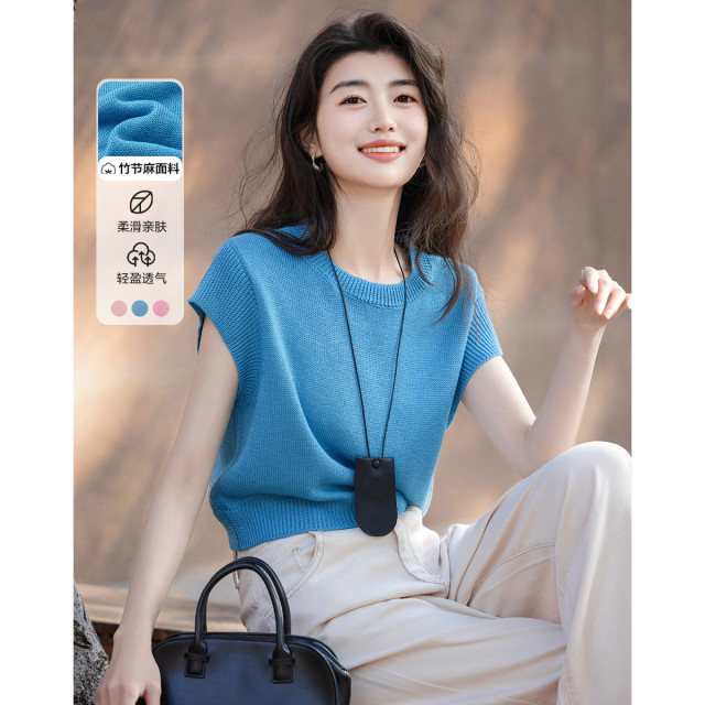 12339094.【甄选竹节麻】夏季气质圆领无袖线衫短款弹力藏肉女上衣