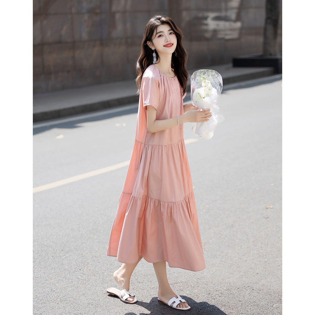 12339832.【柔雾莫兰迪】夏季法式纯棉圆领设计感分割宽松腰短袖女式连衣裙