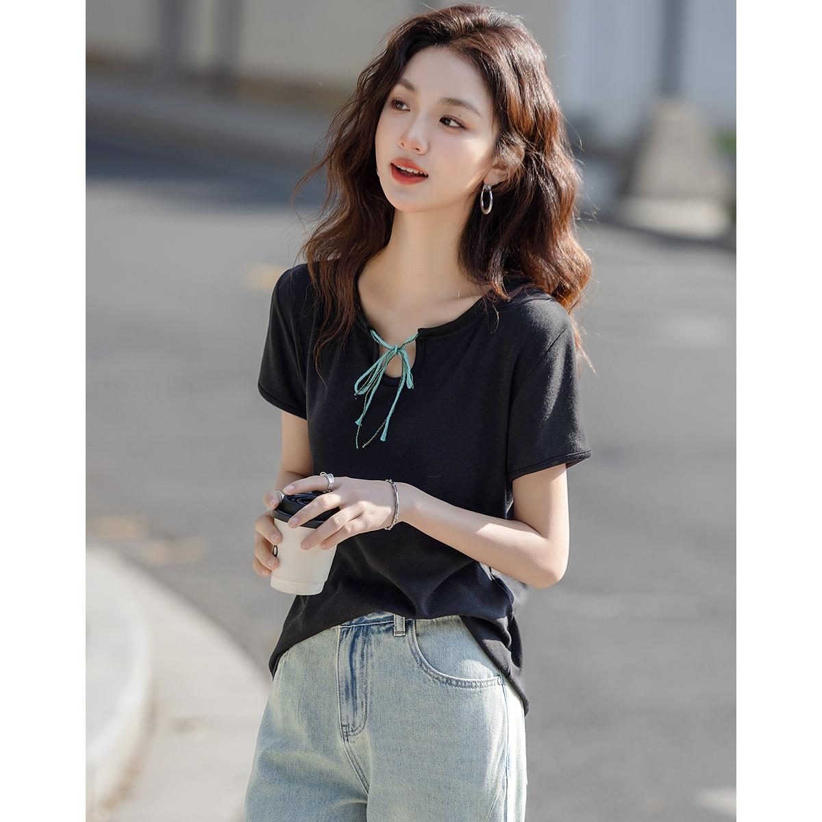 12339820.【含云朵棉】夏季气质系带领短袖打底衫落肩小个子针织女式t恤