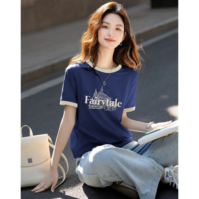 12338867.【活力CHIC】夏季舒适棉氨字母印花打底衫撞色圆领修身女t恤