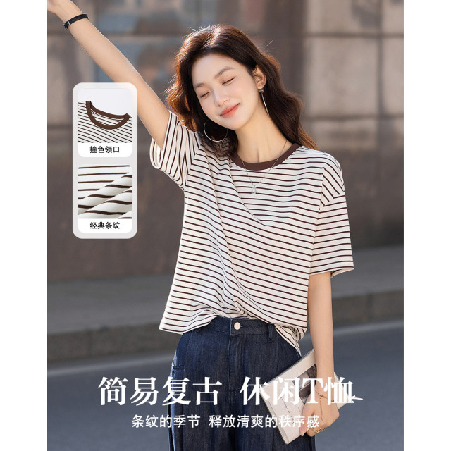 12338926.【悠闲派】夏季简意复古条纹五分袖打底衫小个子宽松遮肉女式t恤