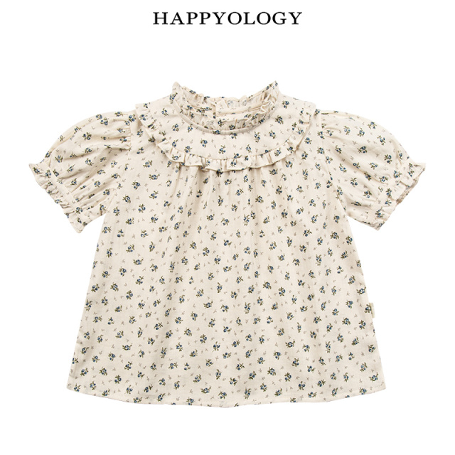 12315433.happyology英国女童夏季木耳边泡泡袖高级感衬衫女宝宝棉质上衣