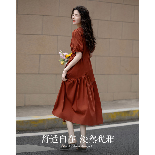 12341156.【温柔纯棉】夏季法式多巴胺圆领碎褶泡泡袖A字中长款女式连衣裙
