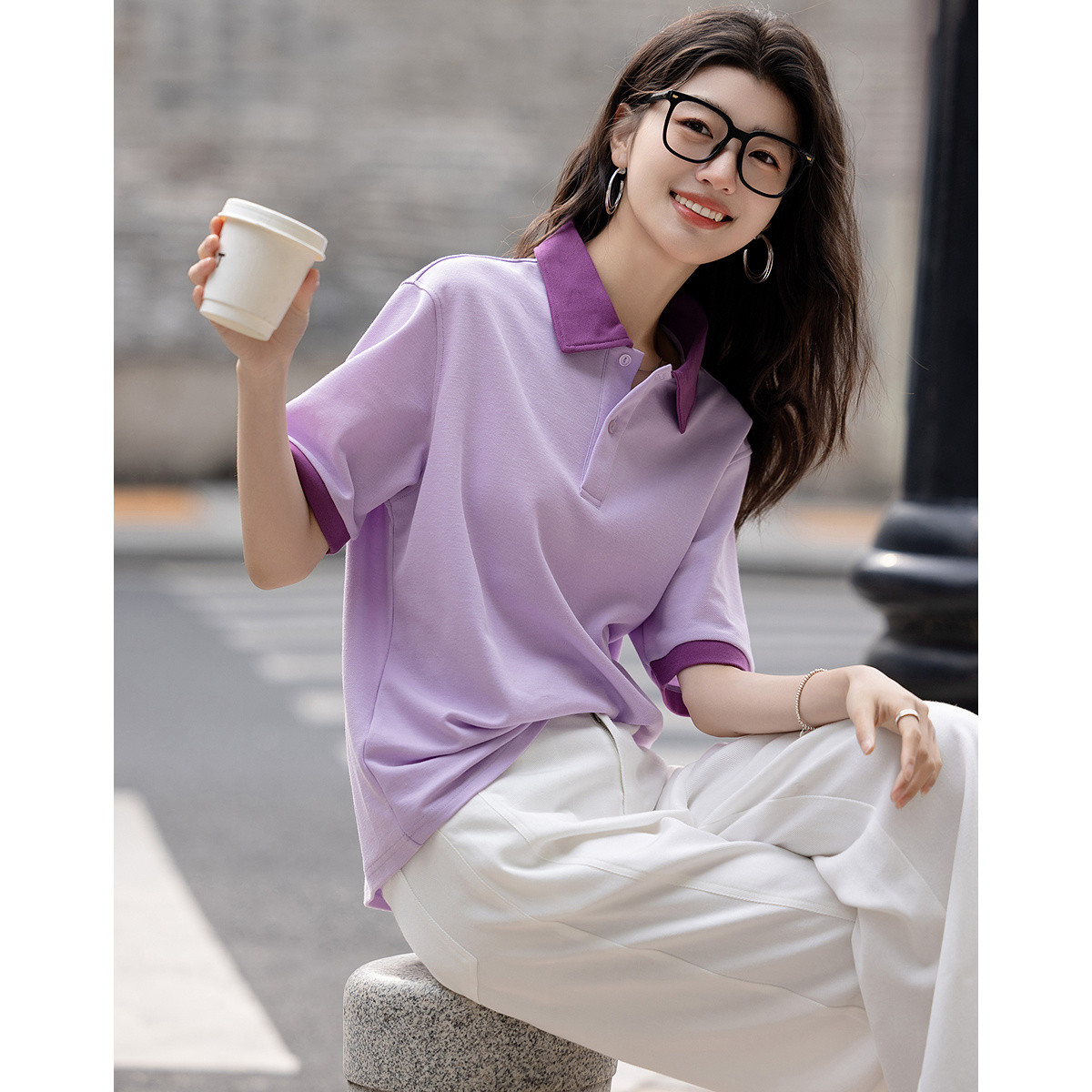 12334639.【智感多巴胺】夏季清新云氧棉打底衫Polo领拼色宽松女式t恤