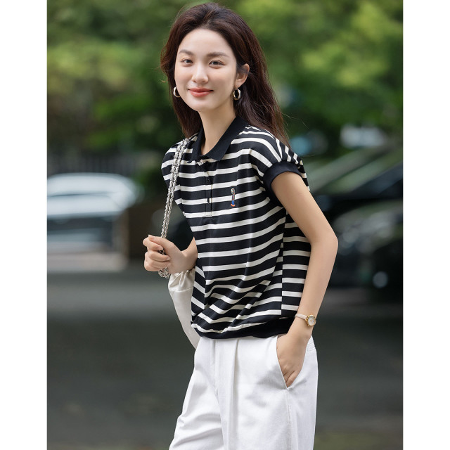 12339661.【复古主义】夏季polo领条纹刺绣打底衫短袖小个子女式t恤