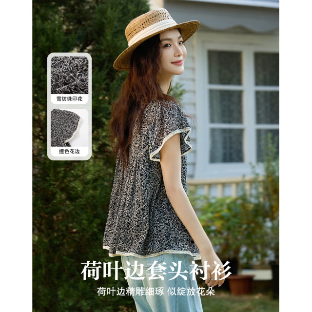 12332002.【75D雪纺珠印花】夏季飘逸小飞袖撞色花边衬衫宽松衬衣女上衣
