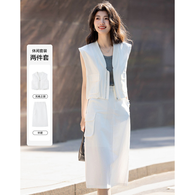 12327617.【工装风纯棉套装】夏季罗纹领连袖背心外套口袋半身裙女式两件套
