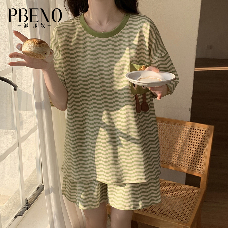 12338916.派邦带胸垫时尚薄款夏季短袖短裤可外穿女生家居服qh