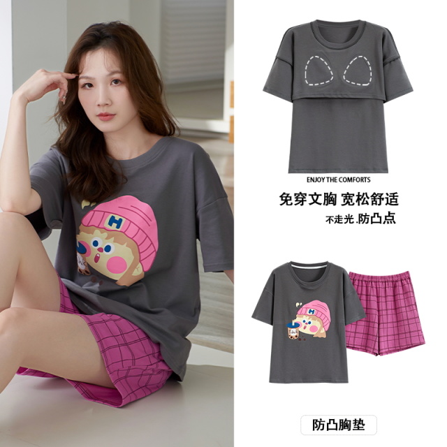 12338558.派邦奴时尚卡通图案带胸垫短袖短裤夏季薄款女生家居服qh