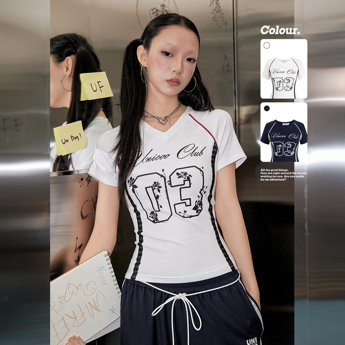 12337418.【25年夏款】甜酷少女蕾丝拼接时尚印花修身短款V领T恤U252G945G1G1