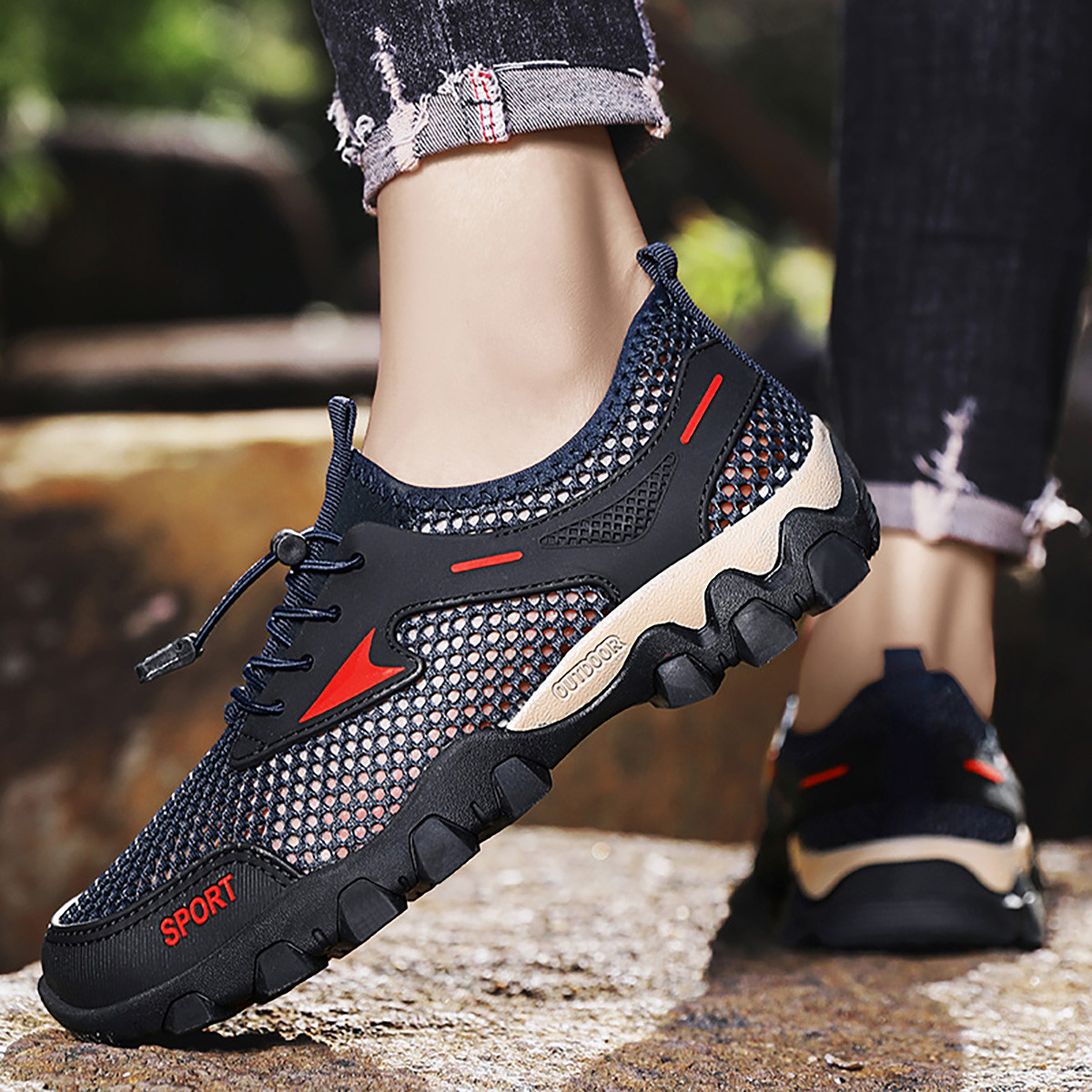 12342681.木林森透气网面鞋男免系带运动休闲鞋男户外休闲鞋涉水鞋