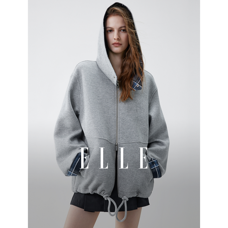 12353828.ELLE格纹拼接连帽卫衣外套女士都市休闲风通勤上衣