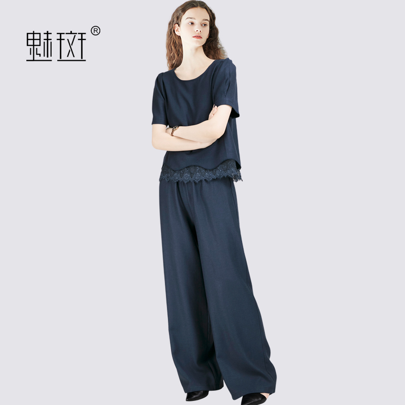 12356594.魅斑设计感蕾丝花边T恤阔腿裤两件套套装