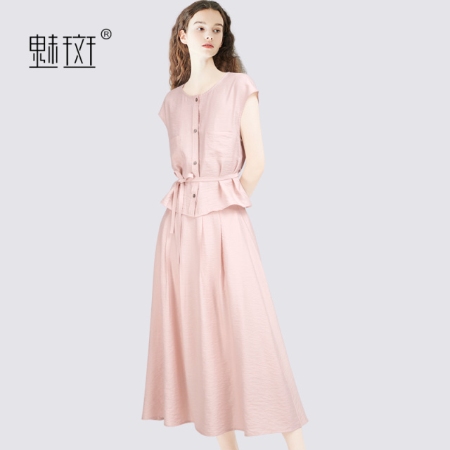 12356611.魅斑粉色套装收腰上衣半身裙两件套