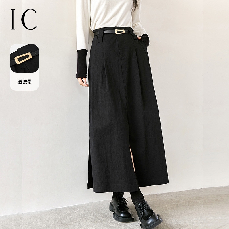 12360179.A字气质高腰法式开衩半裙女2025春新款设计感休闲中长款工装裙