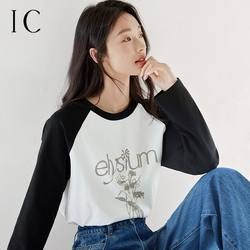 12358463.印花设计街头休闲T恤女2025秋季新款撞色拼接休闲舒适长袖上衣