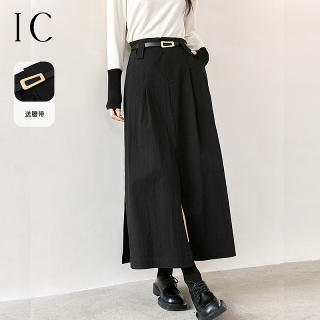 12360179.A字气质高腰法式开衩半裙女2025春新款设计感休闲中长款工装裙