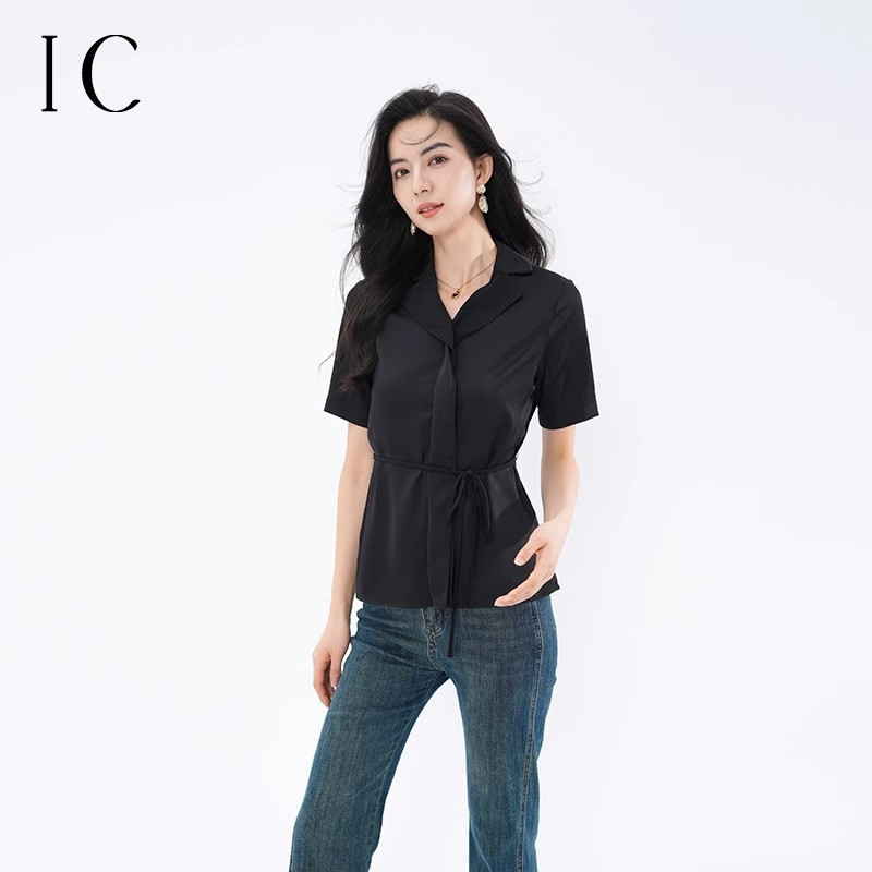 12360172.V领系绳收腰显瘦休闲百搭衬衫上衣女士职场通勤衬衣短袖小衫