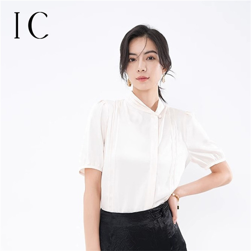 12360200.设计感领口翻褶短袖衬衣气质百搭休闲女士洋气小衬衫上衣薄款