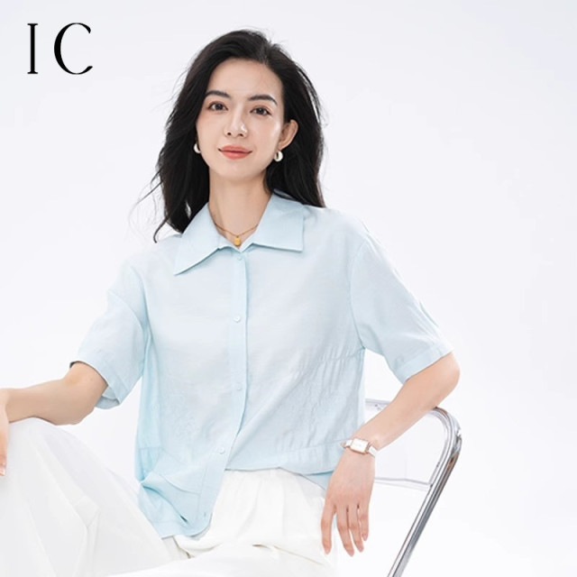 12360187.大翻领设计感小众刺绣休闲舒适衬衫上衣女款百搭爆款短袖衬衣
