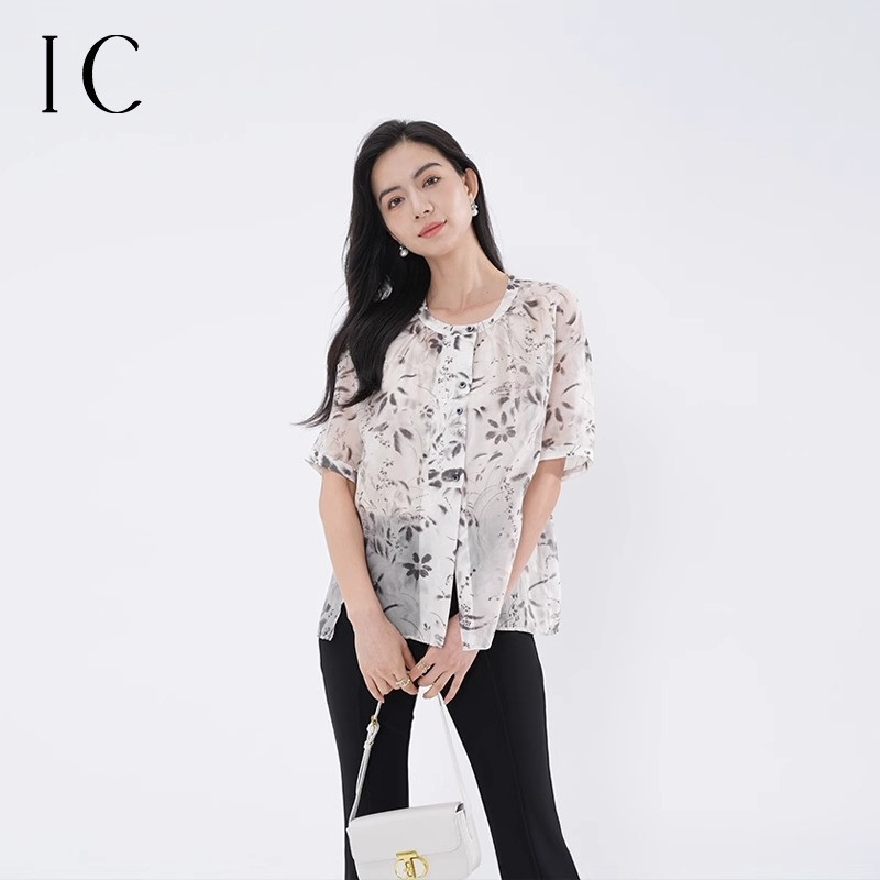 12360214.印花圆领网纱小衫休闲宽松短袖衬衫上衣女薄款舒适休闲夏季衬衣