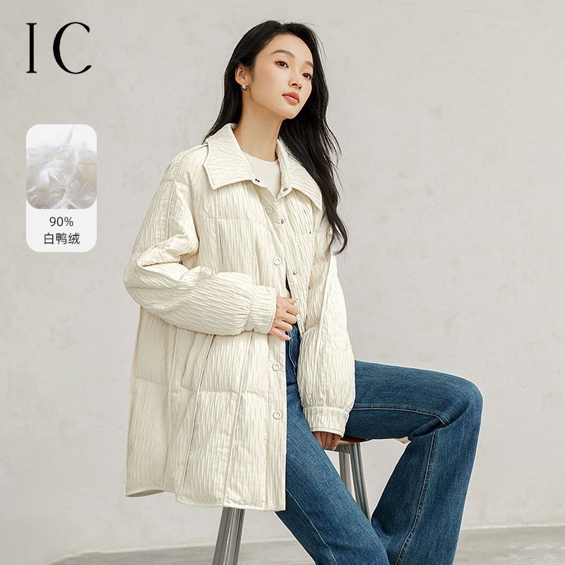 12358491.竖纹肌理感中长款衬衫式羽绒服女2025新款冬季宽松高级百搭外套