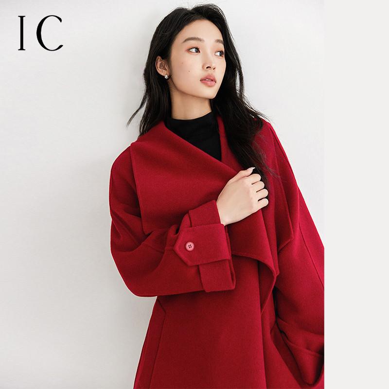 12358592.红色秋冬轻奢大翻领长款双面呢大衣女2025新款高级感毛呢外套