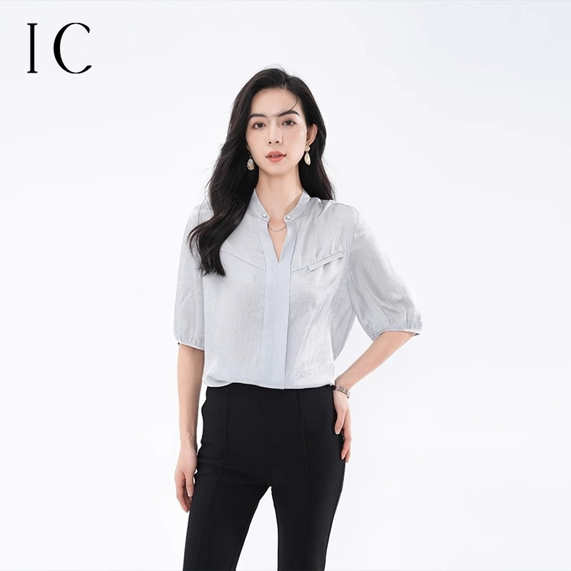 12360169.V领口链条中袖小衫通勤百搭衬衫上衣女日常休闲通勤薄款衬衣