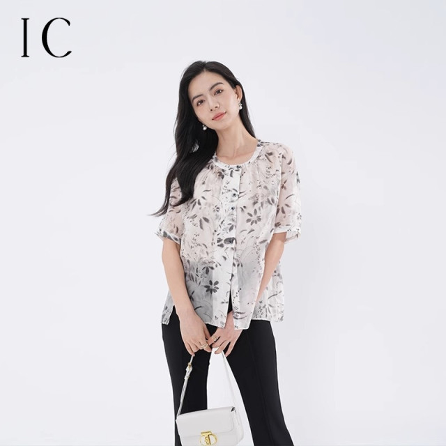 12360214.印花圆领网纱小衫休闲宽松短袖衬衫上衣女薄款舒适休闲夏季衬衣