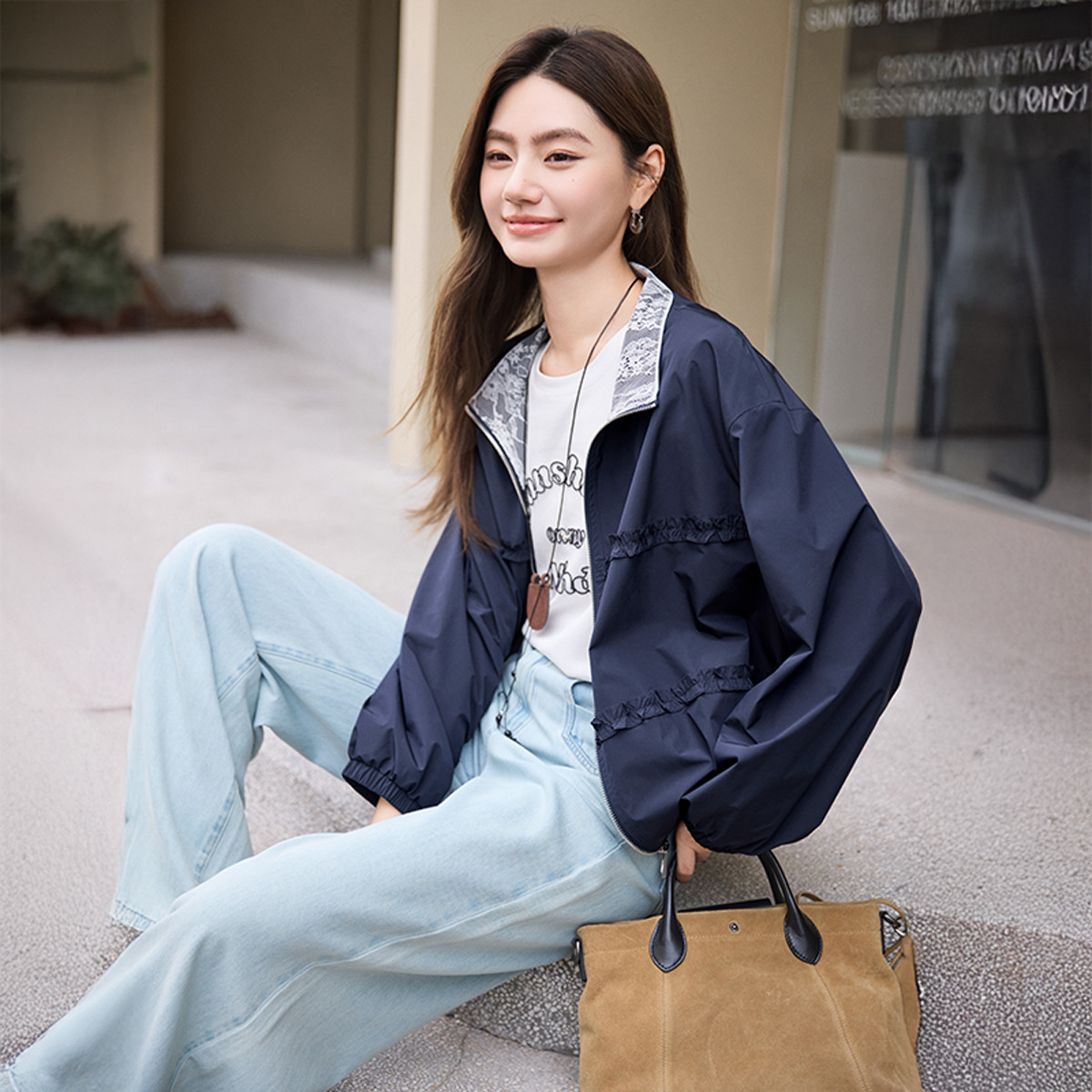 12387082.2025秋装风衣外套女短款休闲工装风拉链小个子夹克