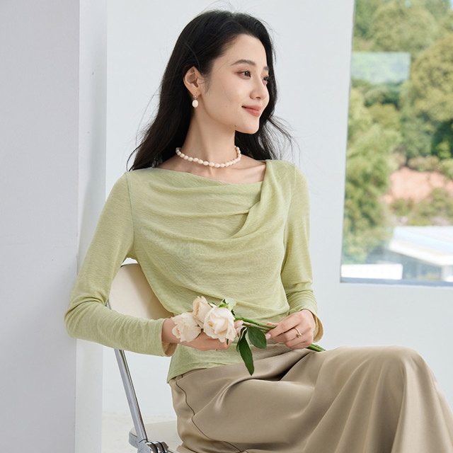 12387155.2025夏秋款荡领薄款t恤女长袖超好看小衫正肩掐腰上衣