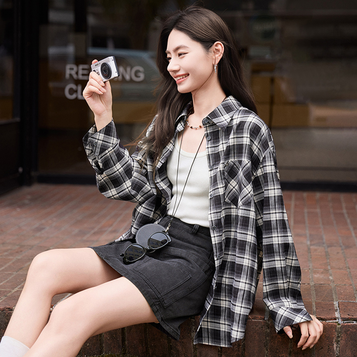 12386659.2025秋装格子衬衫薄款外套女宽松慵懒风长袖休闲衬衣
