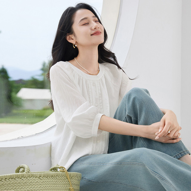 12387097.2025夏秋款圆领衬衫女法式通勤木耳边宽松中袖衬衣上衣