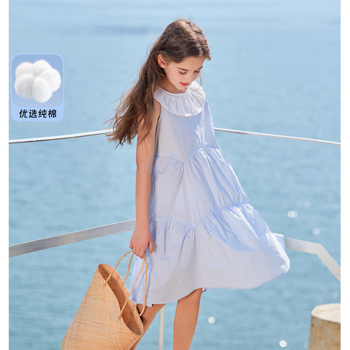 12363763.女童连衣裙夏季新款撞色千叶领裙子儿童纯棉无袖海边度假沙滩裙子