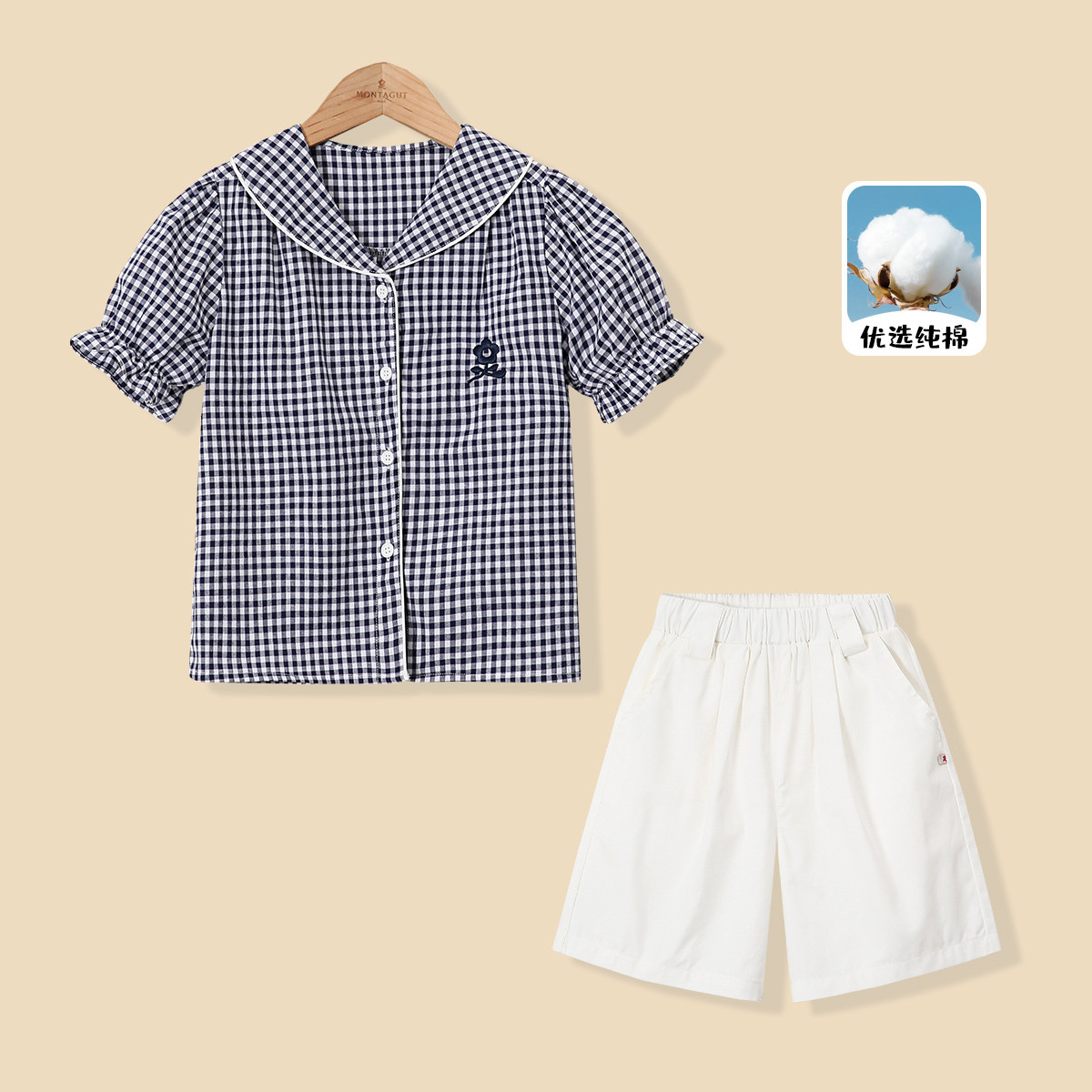 12363654.【格纹小衫+纯色短裤两件套】夏季纯棉亲肤女童青果领休闲套装潮
