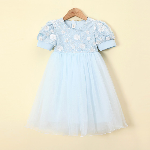 12363663.【花朵亮片网纱公主裙】女童短袖连衣裙夏季新款甜美生日礼服裙子