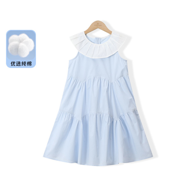 12363763.女童连衣裙夏季新款撞色千叶领裙子儿童纯棉无袖海边度假沙滩裙子