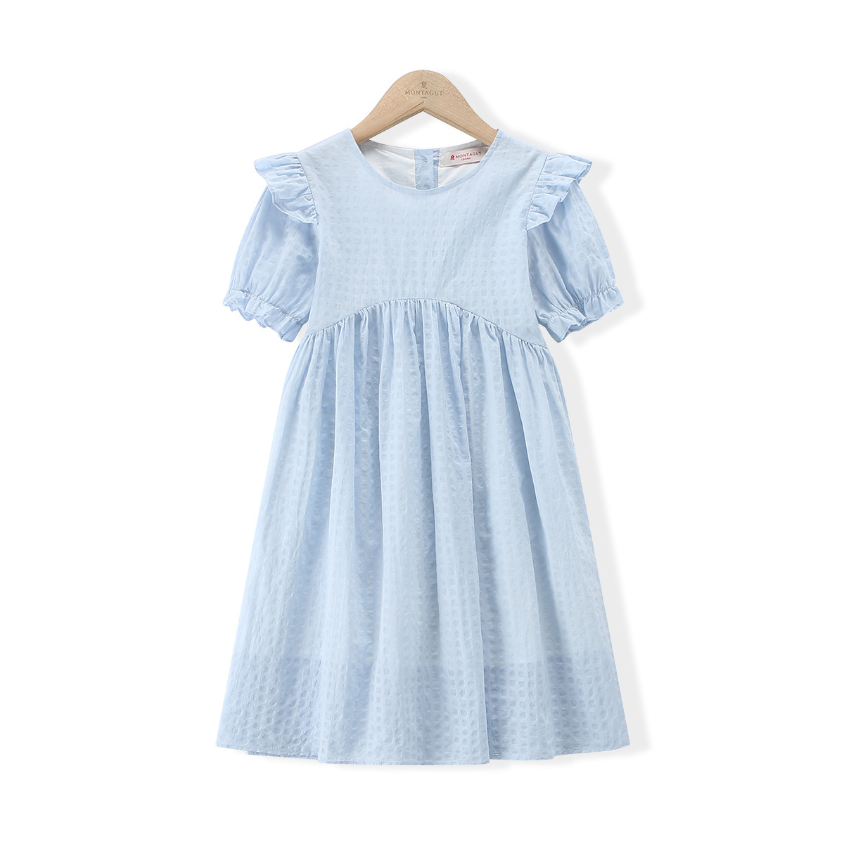 12363760.【格子提花纯棉连衣裙】女童25夏季薄款泡泡袖圆领中长款棉布裙