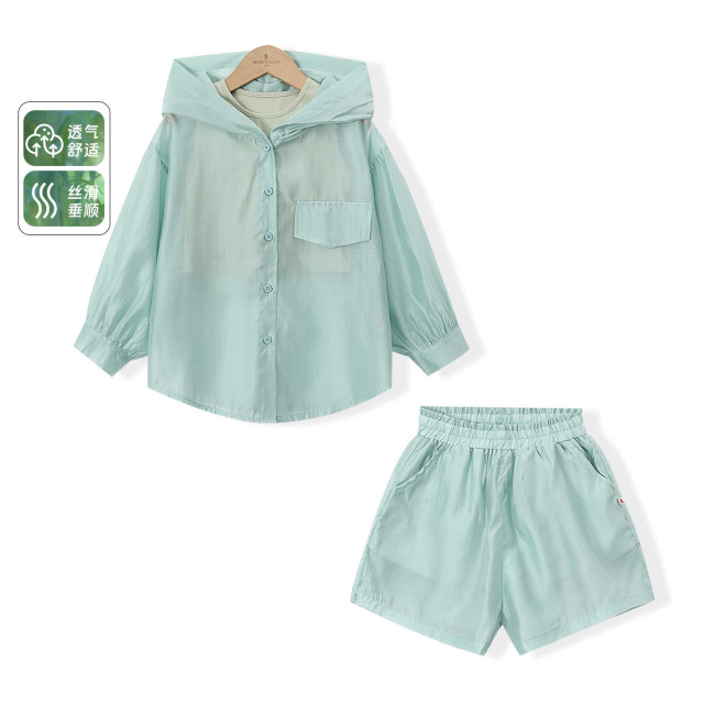 12363664.【天丝莱赛尔三件套】女童夏季新款空调服轻薄透气纯色皮肤衣套装