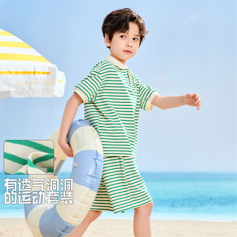 12363698.【条纹POLO领短袖套装】男童夏装2025新款儿童酷帅运动两件套
