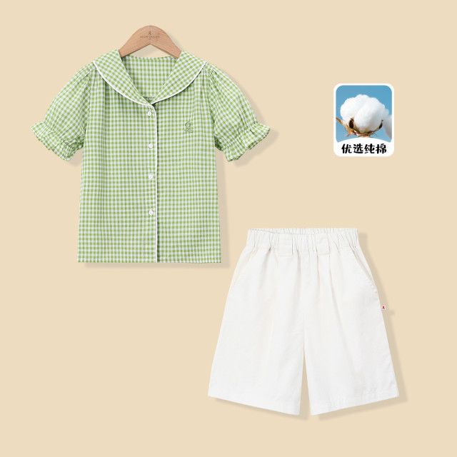 12363654.【格纹小衫+纯色短裤两件套】夏季纯棉亲肤女童青果领休闲套装潮