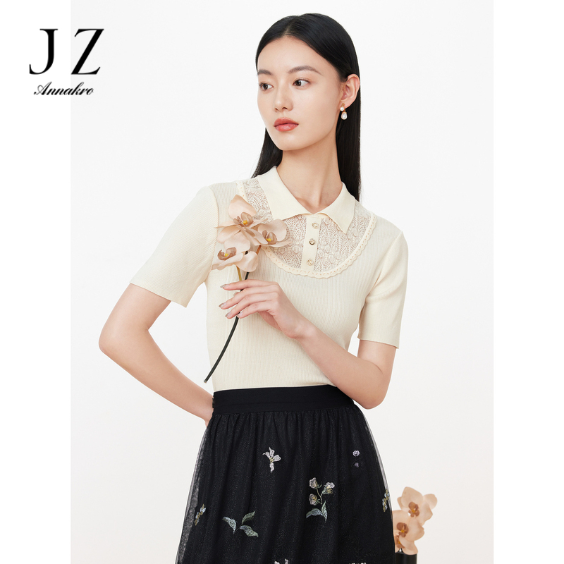 12367391.JZ玖姿商场同款镂空拼接针织女装夏季新款短袖上衣JWCX31256