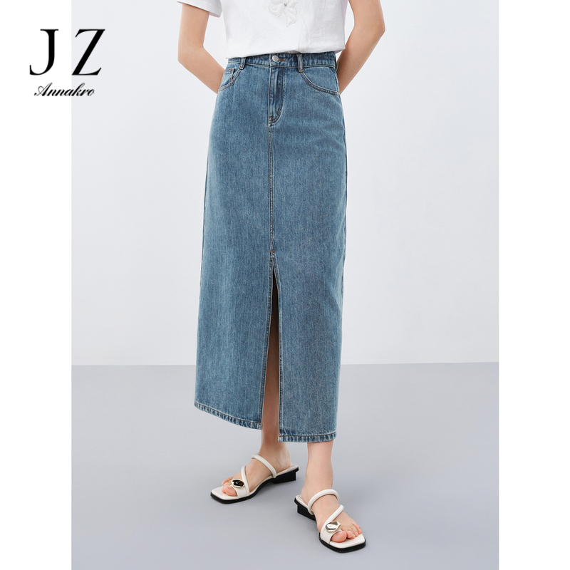 12367297.玖姿安娜蔻松弛感通勤前开叉莱赛尔棉牛仔半身裙A裙夏季新款