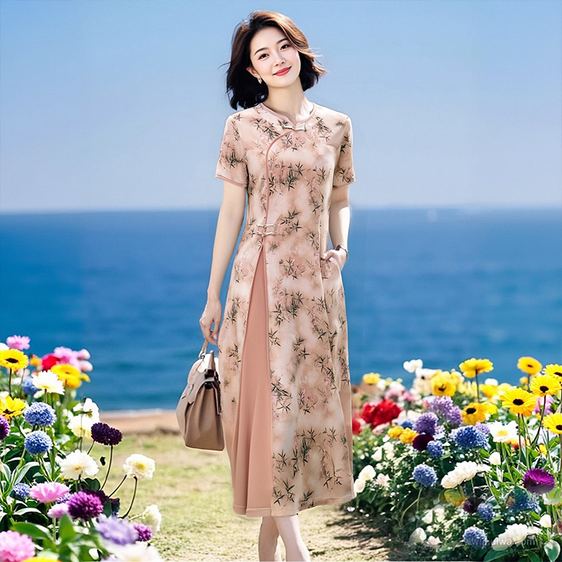 12643454.妈妈装夏季旗袍领花色假两件时尚连衣裙QJCLJ8532