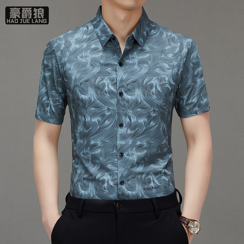 12368110.桑蚕丝男士高端衬衫短袖新款夏季潮流印花修身薄款冰丝衬衣男