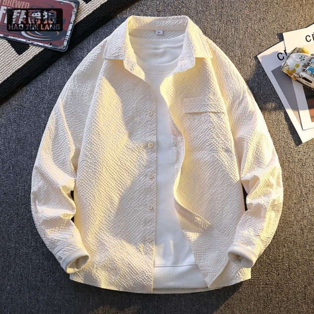 12368033.春夏高级感泡泡纱长袖衬衫男士宽松休闲华夫格肌理衬衣薄款外套潮