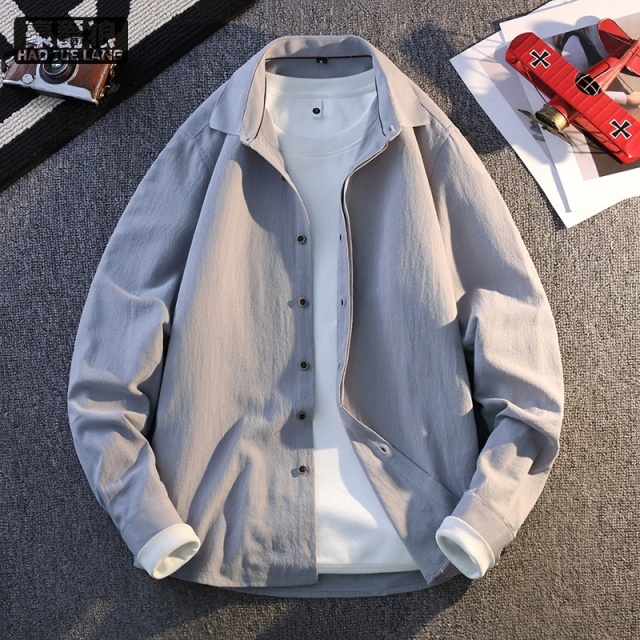 12368111.男士长袖衬衫春季宽松休闲百搭翻领纯棉衬衣服外套寸衣男春秋新款
