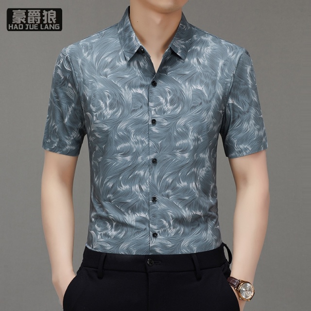 12368110.桑蚕丝男士高端衬衫短袖新款夏季潮流印花修身薄款冰丝衬衣男