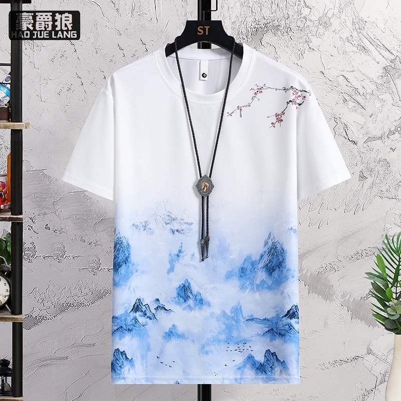 12368078.新品夏季圆领短袖青少年T恤男宽松印花透气时尚休闲薄款国风上衣